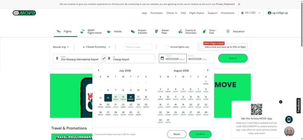 Поиск рейса Thai AirAsia: Дон-Мыанг (DMK) → Сингапур (SIN), туда-обратно, календарь дат с ценами в USD