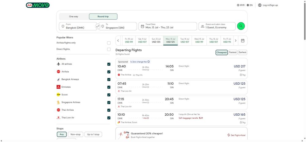 Список рейсов Дон-Мыанг → Сингапур: прямой Thai AirAsia 10:40→14:05, USD 217, 7 кг ручной клади