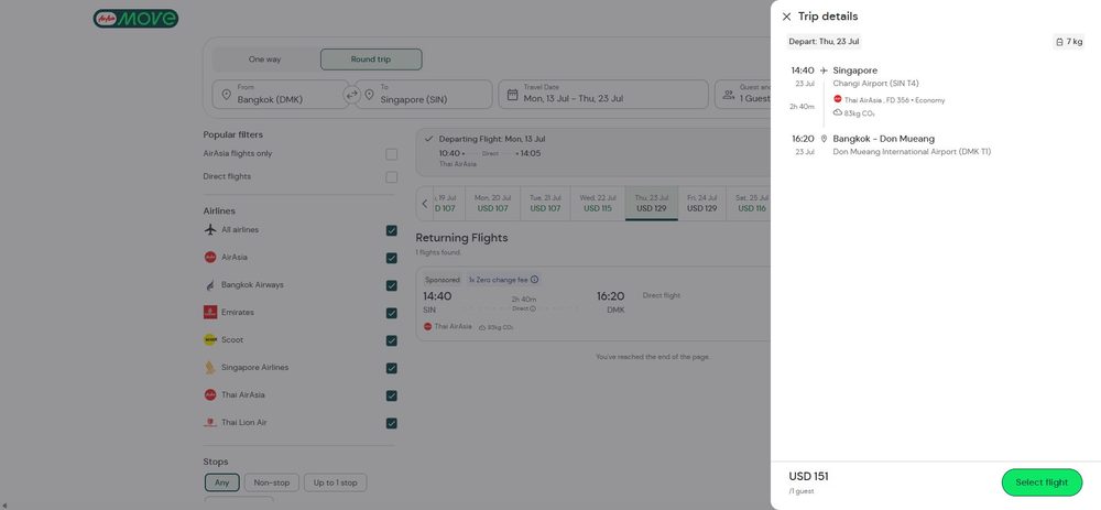 Детали обратного рейса Thai AirAsia FD 356 Сингапур (SIN T4) → Дон-Мыанг (DMK T1), кнопка Select flight