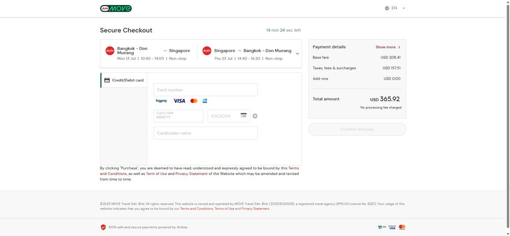 Экран оплаты Secure Checkout: форма карты (Visa / Mastercard / Amex / BigPay), итог USD 365.92, «Confirm and pay»